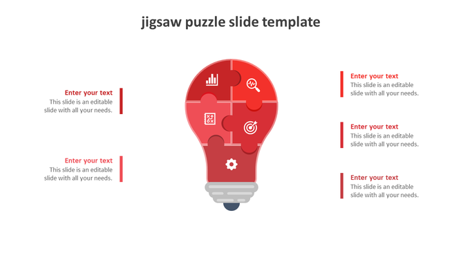 Jigsaw puzzle infographic forming a red lightbulb, featuring business icons such as analytics, strategy, and goal setting.