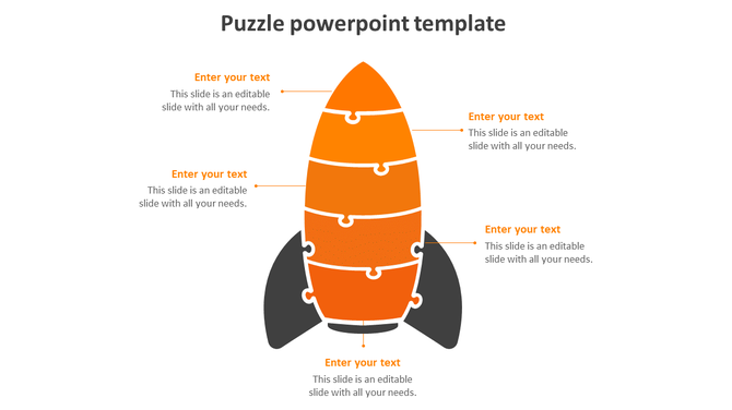 Orange rocket puzzle diagram divided into five interlocking pieces with black fins, featuring text placeholder on both sides.