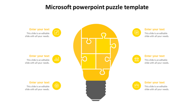 Microsoft puzzle PowerPoint template featuring a yellow light bulb with puzzle pieces and text sections with icons.