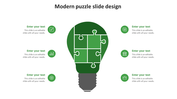 Green light bulb puzzle infographic with five interlocking segments, surrounded by circular icons and text placeholders.
