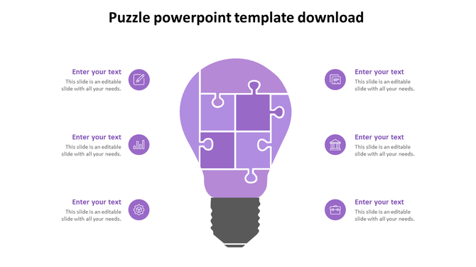 Purple light bulb puzzle infographic with five interlocking segments, surrounded by circular icons and text placeholders.