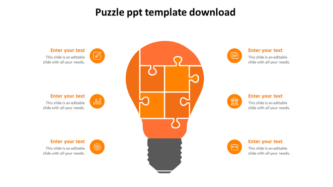 Orange light bulb composed of puzzle pieces with six corresponding icons and text on both sides.