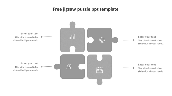 Four Jigsaw Puzzle PowerPoint slide with placeholder text and icons.