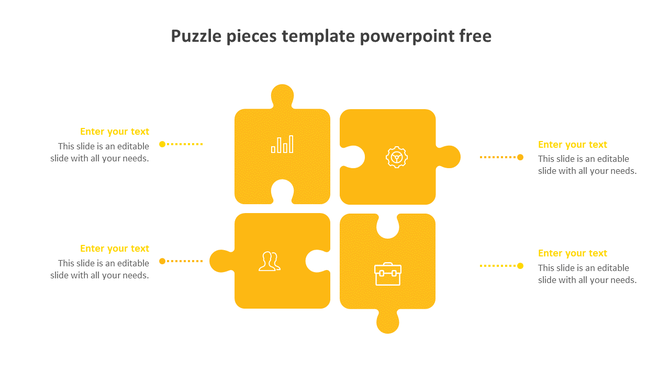 Square layout of four orange puzzle pieces with business icons, connected to four yellow caption boxes with dotted lines.