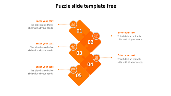 Five orange puzzle pieces with numbers, icons, and text placeholders, arranged vertically, on a white background.