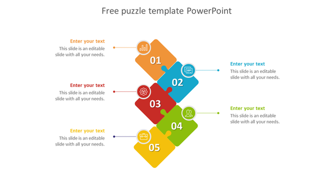 Colorful puzzle themed PowerPoint template with five numbered pieces connected diagonally and text areas.