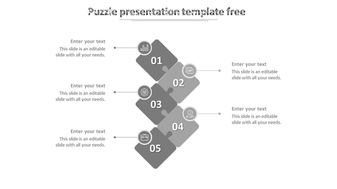Vertical puzzle infographic with five numbered pieces, each connected to an icon and placeholder text. 