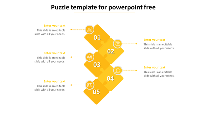 Yellow puzzle infographic with five numbered pieces in a vertical layout, each linked to an icon and placeholder text. 