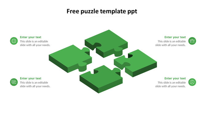 Slide with four green puzzle pieces, each with a corresponding icon and space for text around it.
