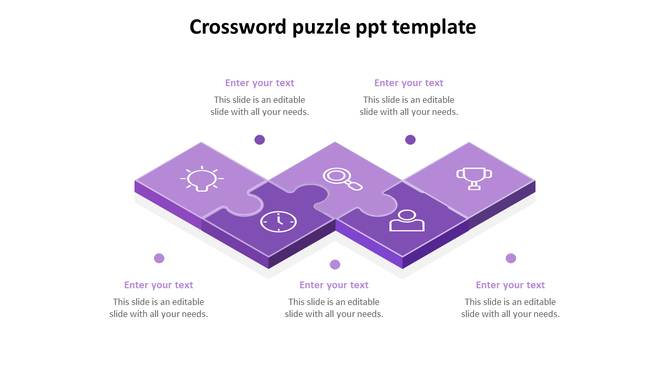 Isometric crossword puzzle design with four purple pieces depicting a clock, lightbulb, user profile, and trophy icons.