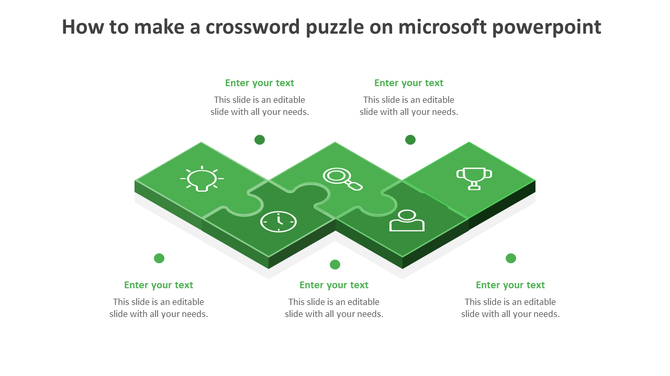 Green puzzle piece diagram with icons and caption areas illustrating steps in creating a crossword puzzle.