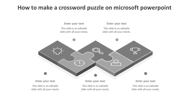 Guide on creating a crossword puzzle in PowerPoint with interconnected pieces showing various icons and placeholder text.