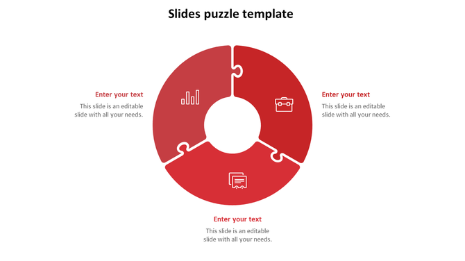 Red puzzle diagram divided into three pieces, each containing an icon for analytics and documents, with placeholder text.