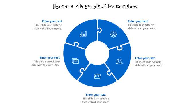 Blue circular jigsaw puzzle Google Slides template with five interlocking segments and text placeholders.