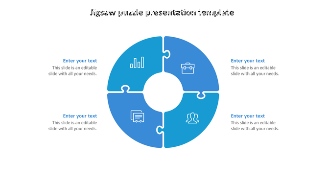 Blue puzzle infographic in a circular shape, with icons representing business elements and text on either side.