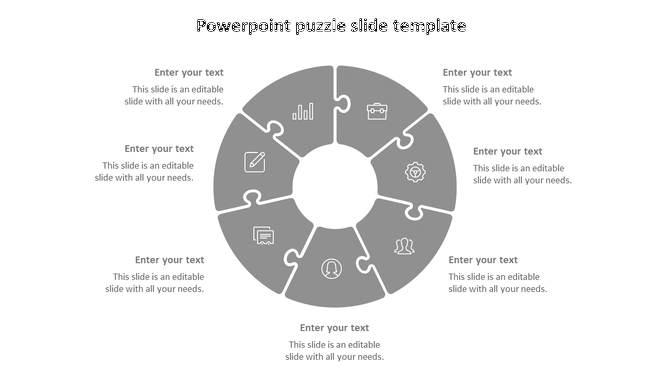 Monochrome puzzle PPT slide with seven grey interlocking segments and text placeholders on a white backdrop.