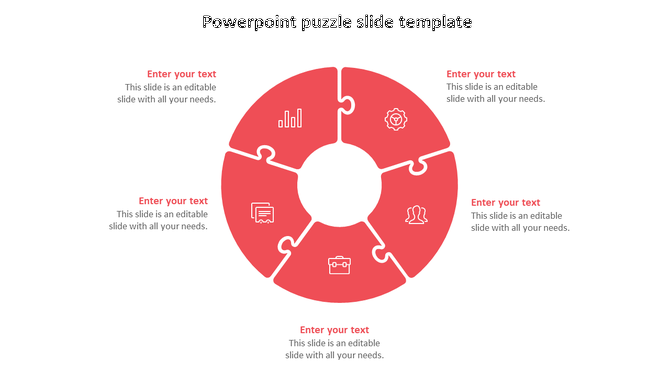 Red segmented circular puzzle diagram with five sections, each containing a white business-related icon and caption areas.