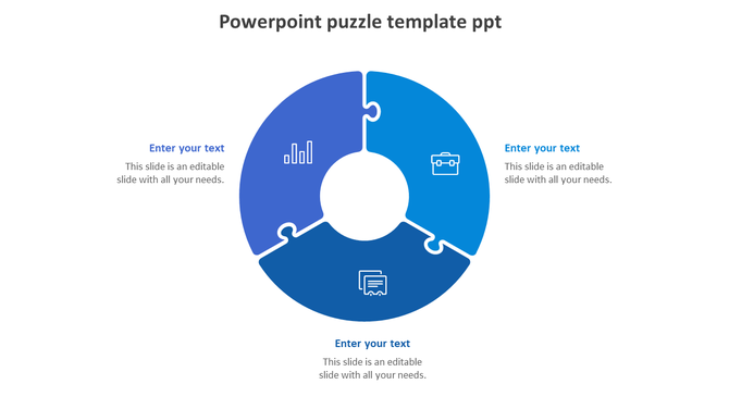 Circular puzzle diagram divided into four blue segments, each containing an icon with placeholder text areas.