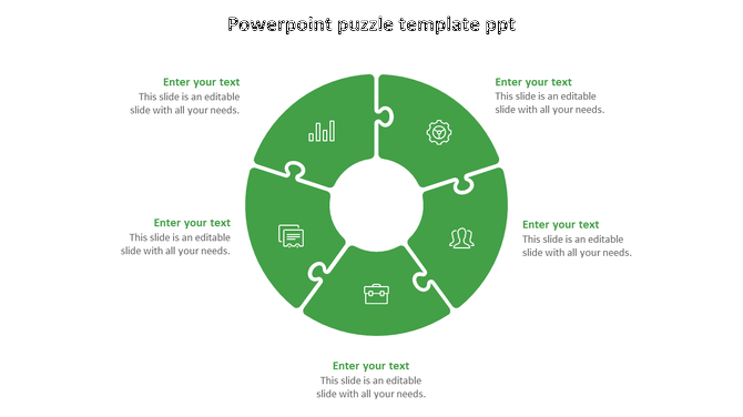 Green circular puzzle with five pieces, each containing an icon, surrounded by captions on all sides.