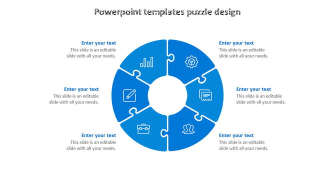 Blue circular puzzle PowerPoint template with six interlocking segments, icons, and text placeholders on a white backdrop.