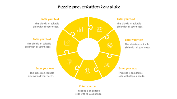 Yellow circular puzzle diagram with six interlocking pieces, each featuring a white icon, surrounded by placeholder text.