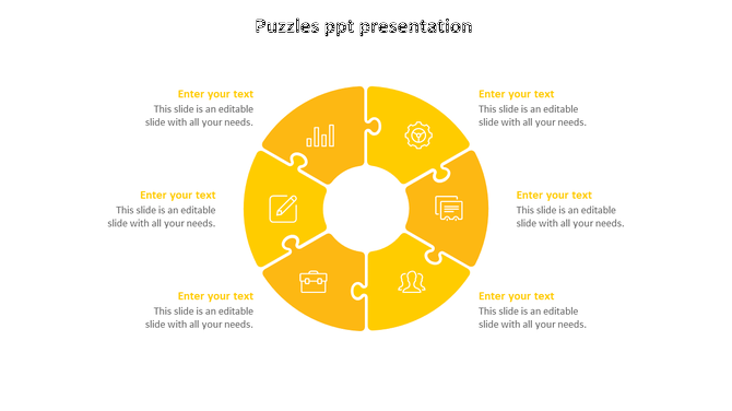 Yellow circular puzzle diagram with six segments, each containing a white business icon, surrounded by placeholder text.