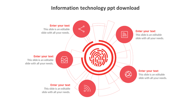 Fingerprint graphic encircled by red icons symbolizing different aspects of information technology.