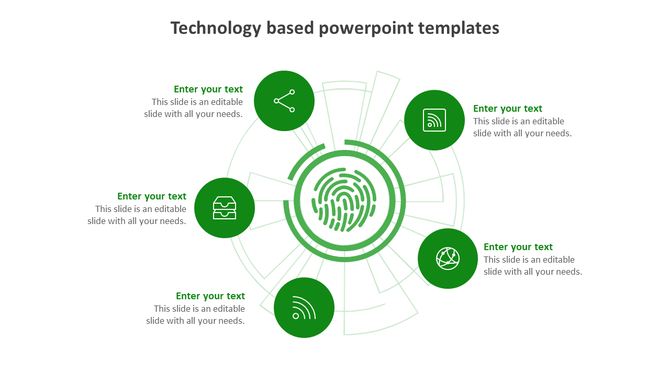 Technology themed template with five green icons arranged in a circular layout, surrounding a central fingerprint symbol.