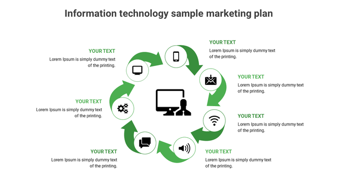 Information technology marketing plan infographic slide with six steps, featuring icons and placeholder text.