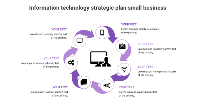 Central computer graphic with circular layout of icons around it, connected by purple arrows, representing tech elements.