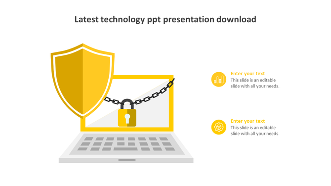 Slide showing a laptop with a yellow shield and a lock, representing technology, with two captions on the right.