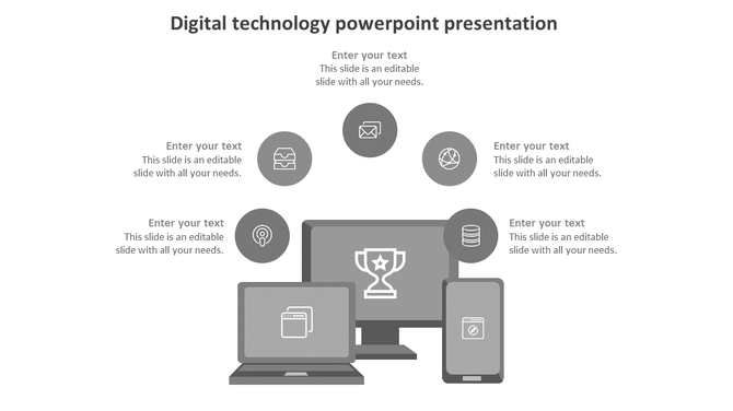 Monochrome digital technology slide with laptop, monitor, and smartphone graphics surrounded by five circular icons.