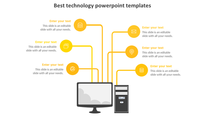 Technology PowerPoint template with a computer and server connected to six digital yellow icons with placeholder text.