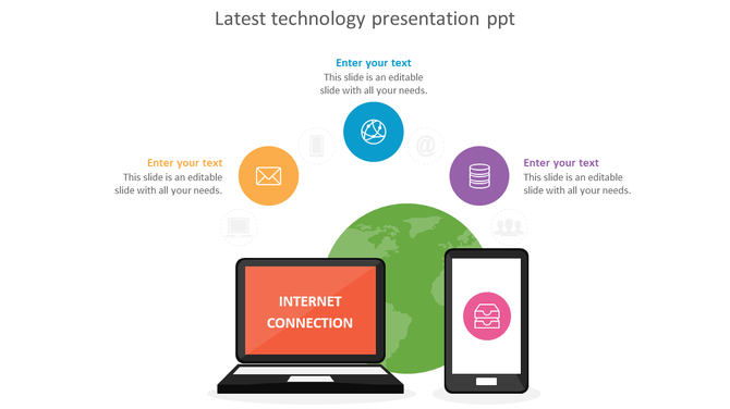Technology infographic with a laptop and smartphone in front of a globe, surrounded by icons representing digital services.