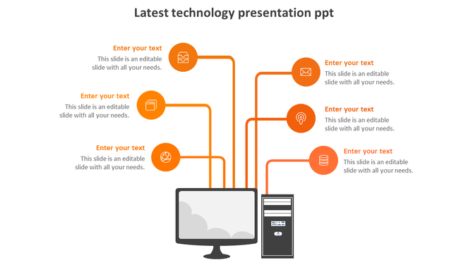 Monitor and CPU graphic with six orange lines linking to icons like cloud, email, and database with text placeholders.