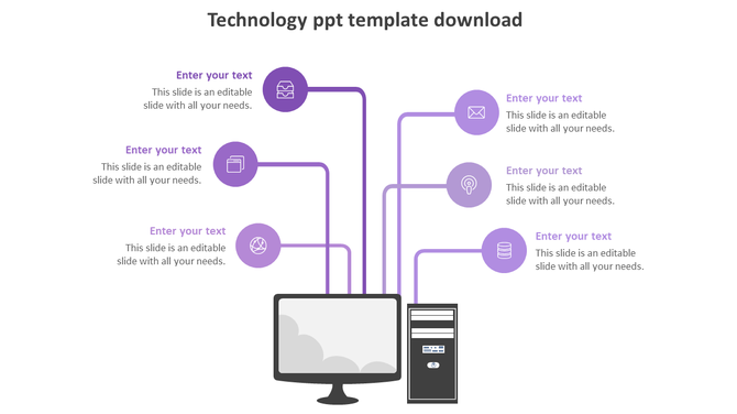 Technology PowerPoint template with a computer and server connected to six digital purple icons with placeholder text.