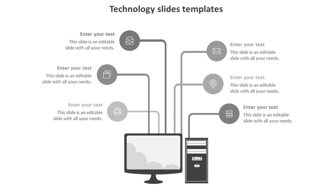 Technology slide with monitor and CPU at the center, six curved lines connecting to icons like email and database.