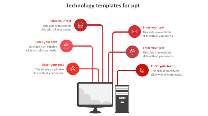 Central computer setup with red circular icons depicting technology functions, linked through lines on a white background.