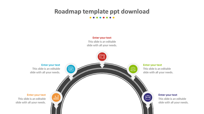 Curved roadmap infographic with location markers, each with a icon in red, blue, green, orange, and purple, and captions.
