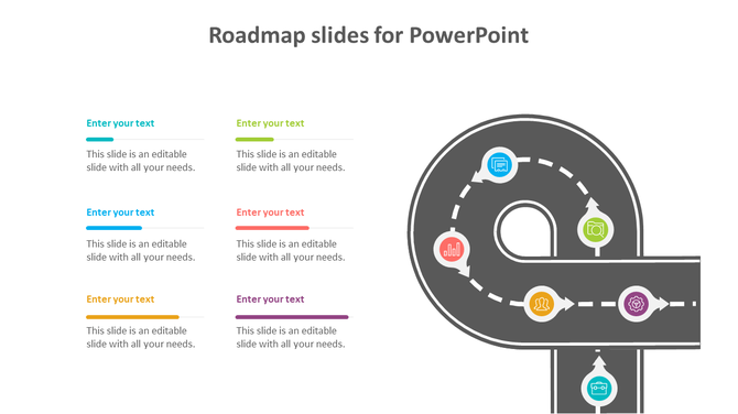 Winding road design with six milestone markers in teal, green, blue, orange, yellow, and purple, and text boxes on the left.