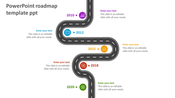 Winding roadmap infographic with five markers from 2010 to 2020, each with a circular business icon and caption areas.