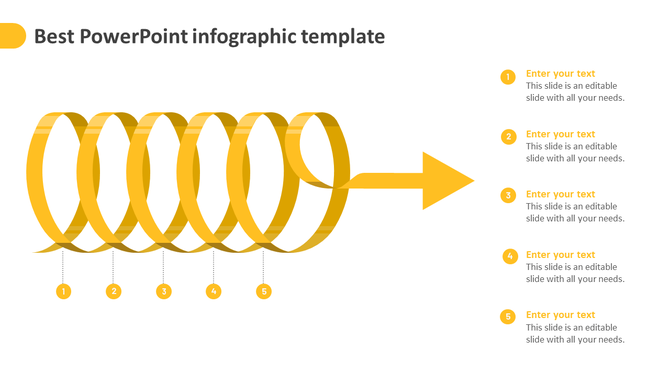 Slide design with a looping yellow ribbon turning into an arrow, featuring five numbered steps, and text boxes.