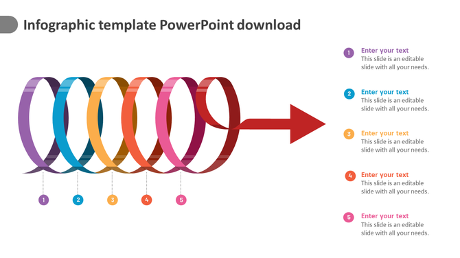 Colorful spiral timeline infographic with five numbered loops leading into a rightward red arrow, linked to text placeholder.