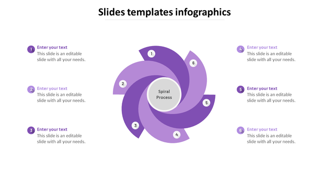 A purple spiral infographic with six segments, each numbered and arranged in a circular pattern around a central label.