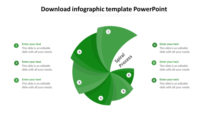 A six-step spiral infographic in green tones, with numbered sections and placeholder text distributed evenly on both sides.