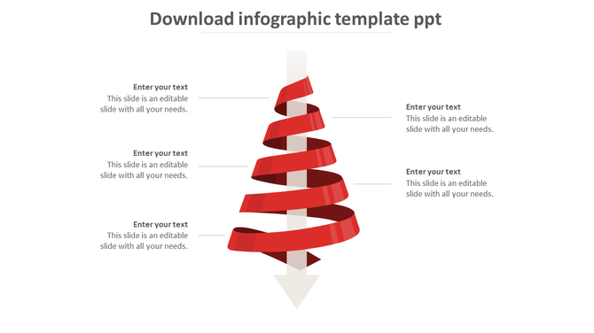 Spiral ribbon infographic wrapping around a vertical arrow, with six placeholder text areas aligned on both sides.