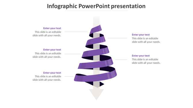 Helical infographic in purple, twisting downward around a vertical arrow, with six evenly spaced text sections.