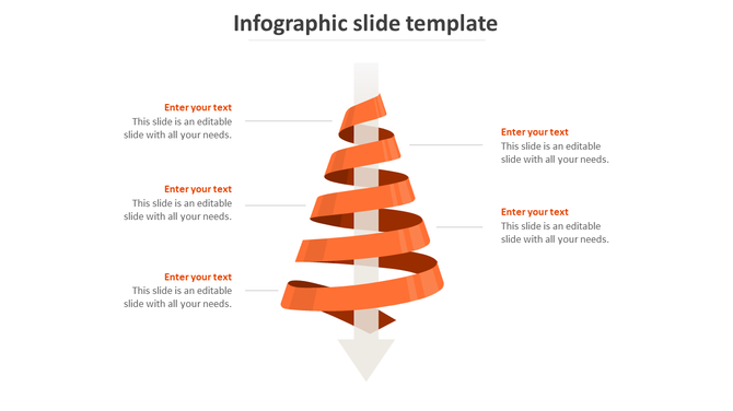 Downward moving arrow with a twisted ribbon structure in orange, paired with five text placeholders on both sides.