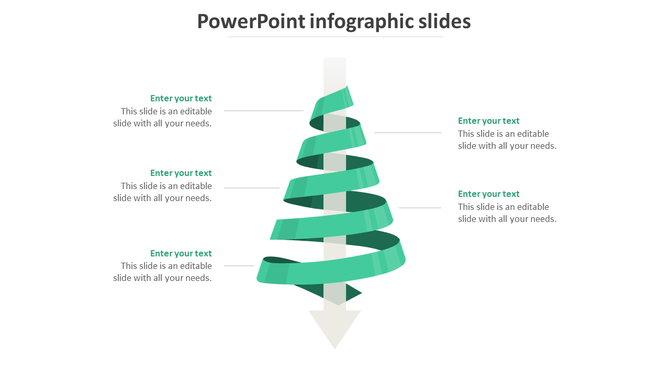 Green spiral infographic wrapping around a vertical white arrow, with six text placeholders evenly distributed on both sides.