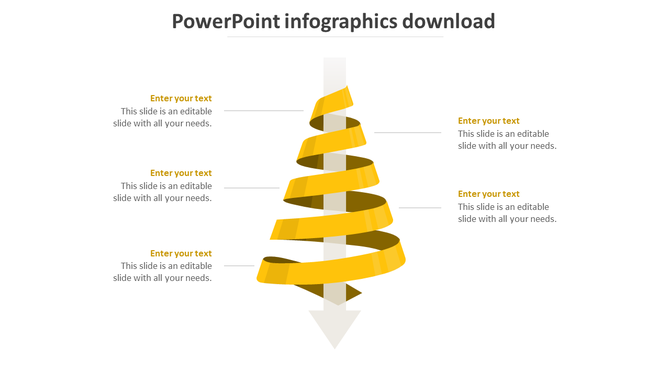 Vertical infographic with a 3D yellow ribbon spiraling down a central arrow, featuring five text fields on both sides.